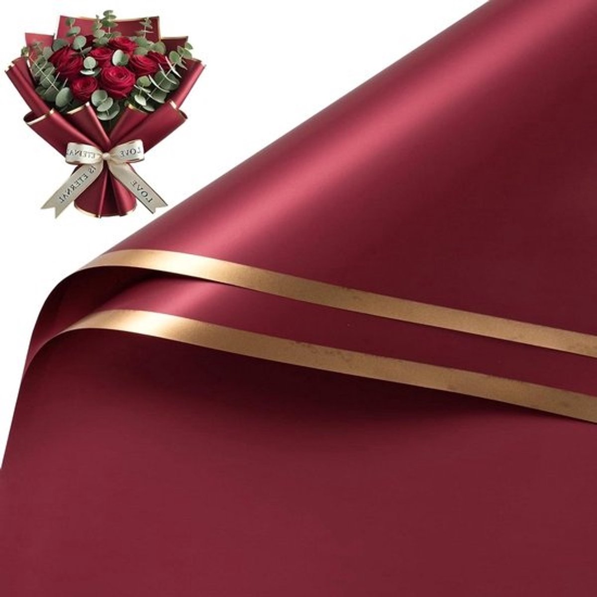 Bloemen Inpakpapier - Boeket Verpakking - Bloemen Presenteren - Waterdicht Materiaal - 57 x 57 cm - Rood met gouden rand