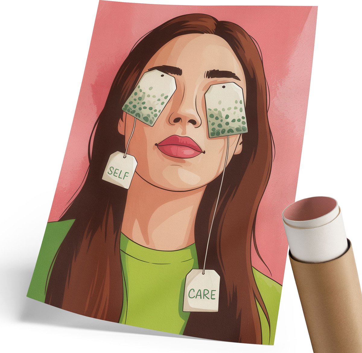 Coloray Polycanvas Wandposter - Ontspan Met Een Kopje Thee, Illustratie - 210 x 297 mm - Roze Wanddecoratie - Rechthoek - Interieurdecoratie - Woonkamer, Slaapkamer, Kantoor - Expressief