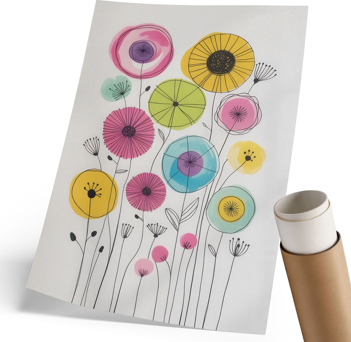 Coloray Polycanvas Wandposter - Kleurrijke Bloemen, Illustratie - 210 x 297 mm - Roze Wandposter - Rechthoek - Interieurdecoratie - Woonkamer, Slaapkamer, Kantoor - Kinder