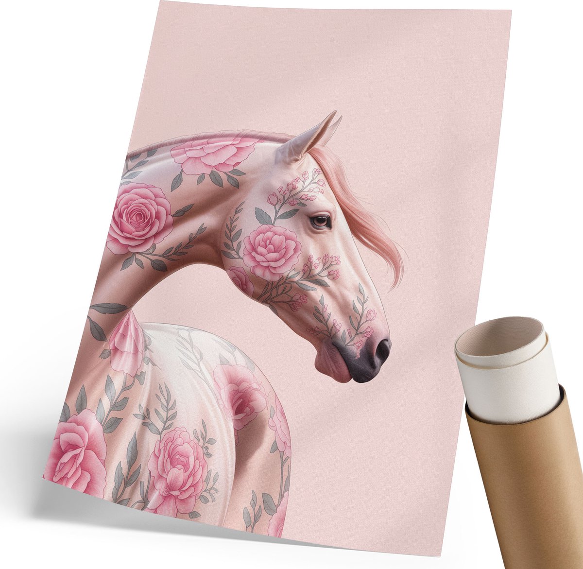 Coloray Canvas Poster Polycanvas - Bloemenpaard, Illustratie - 210 x 297 mm - Roze Patroon - Rechthoek - Wandkunst - Woonkamer, Slaapkamer, Kantoor - Glamour