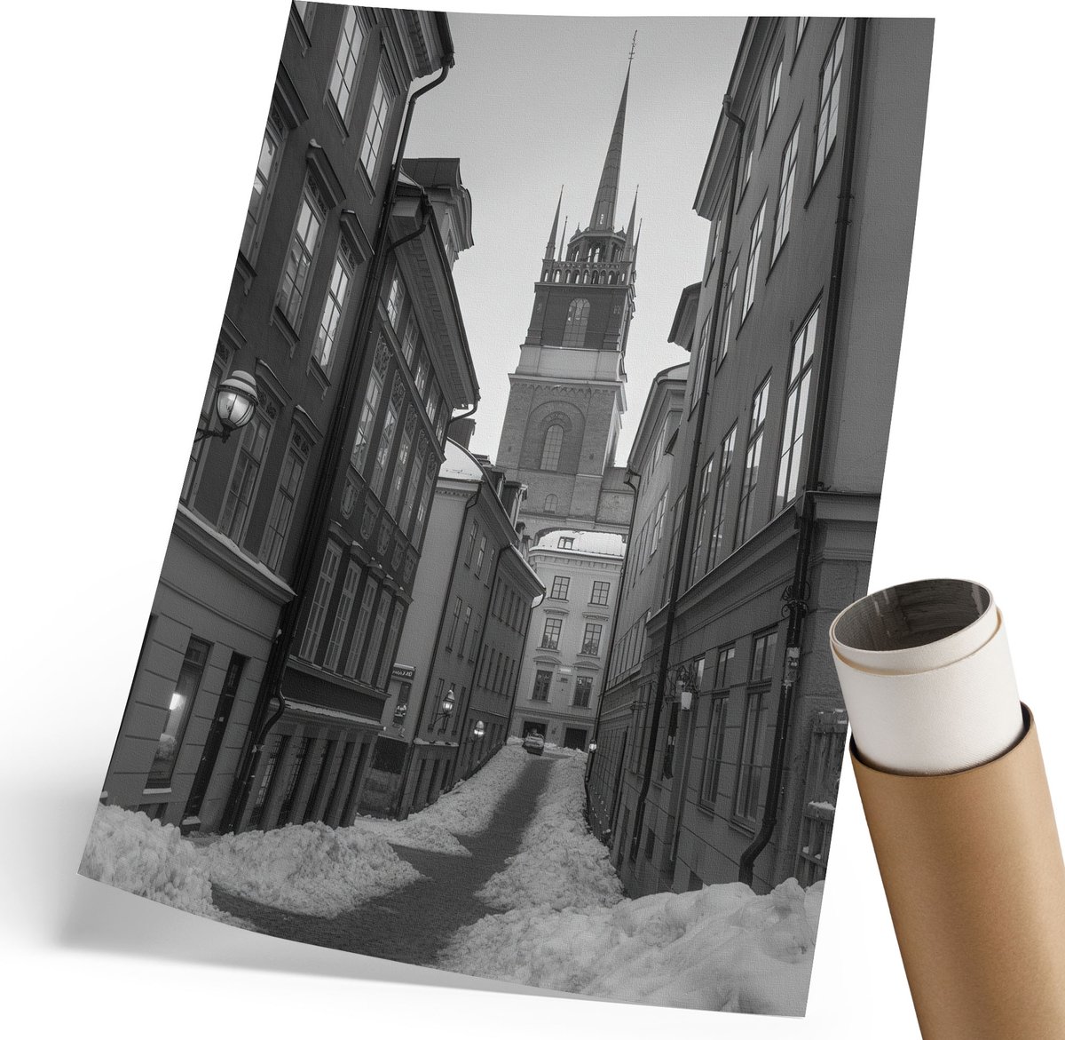 Coloray Polycanvas Poster - Winterstad, Fotografie - 210 x 297 mm - Zwart-wit Design - Rechthoek - Muurdecoratie - Woonkamer, Slaapkamer, Kantoor - Klassiek