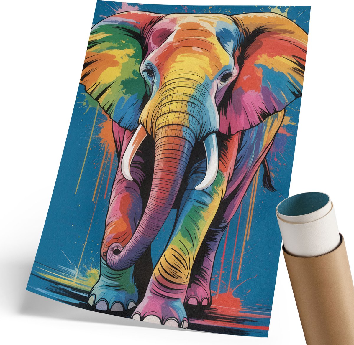 Coloray Polycanvas Poster - Kleurrijke Olifant, Illustratie - 210 x 297 mm - Blauw Wanddecoratie - Rechthoek - Decoratieve poster - Woonkamer, Slaapkamer, Kantoor - Artistiek