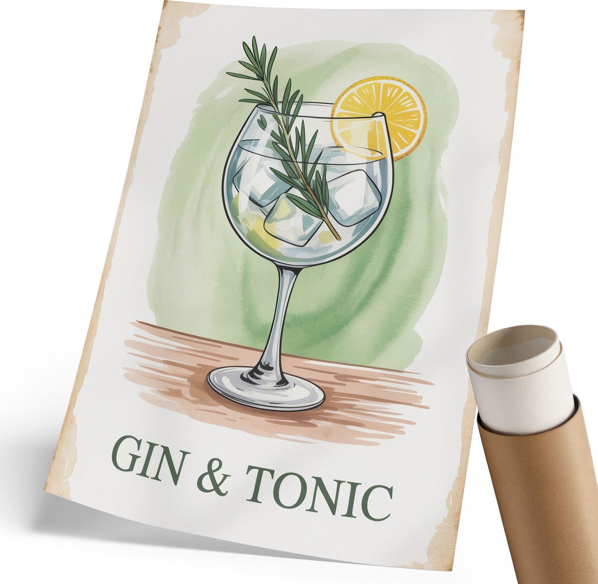 Coloray Polycanvas Wandposter - Gin Tonic, Waterverf - 210 x 297 mm - Groen Wanddecoratie - Rechthoek - Canvasposter - Woonkamer, Slaapkamer, Kantoor - Decoratief