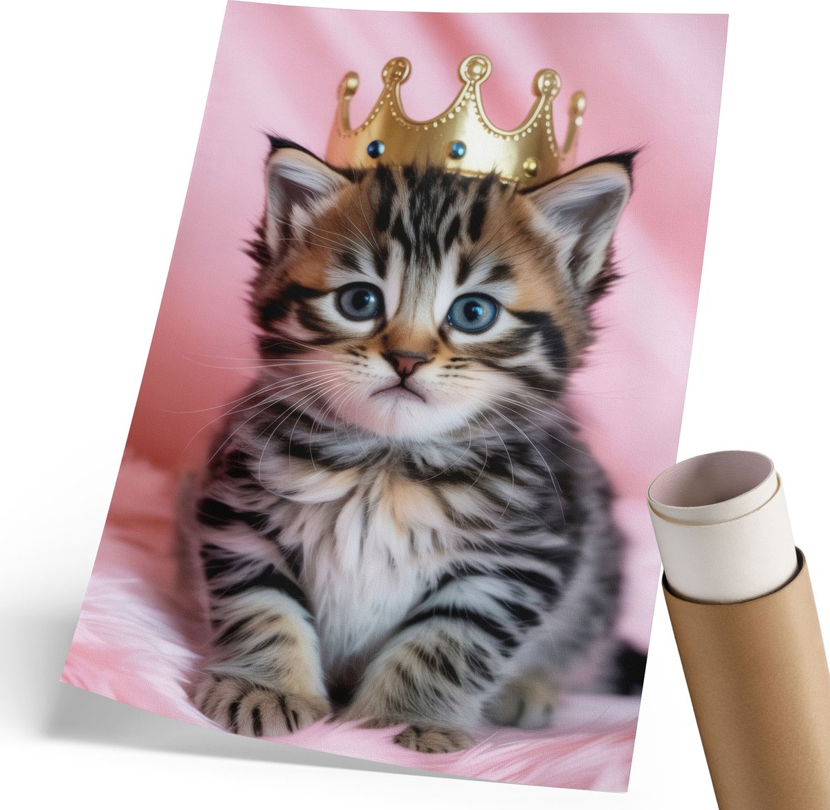Coloray Canvas Poster Polycanvas - Kat Met Een Kroon, Fotografie - 210 x 297 mm - Roze Patroon - Rechthoek - Muurdecoratie - Woonkamer, Slaapkamer, Kantoor - Glamour
