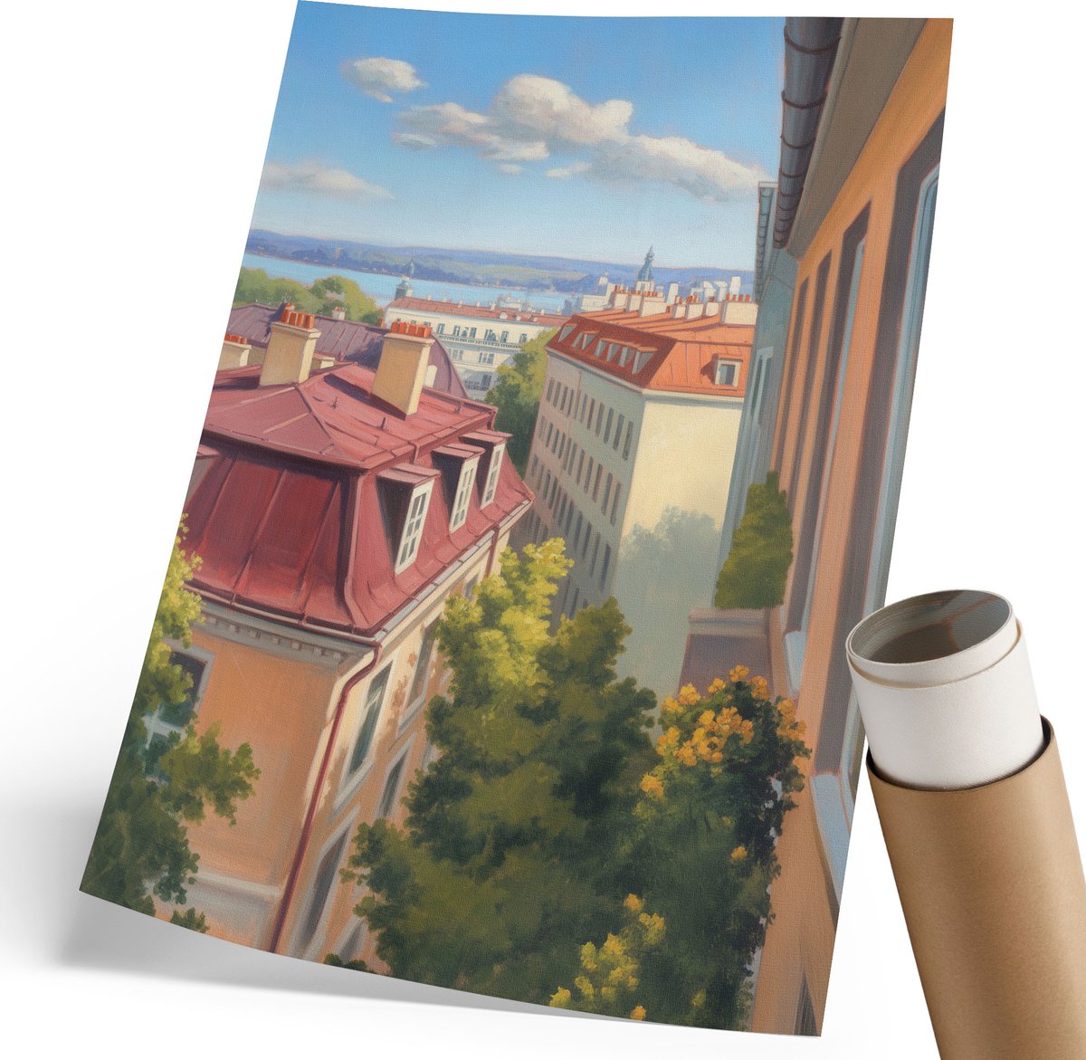 Coloray Polycanvas Poster - Stadszicht, Schilderen - 210 x 297 mm - Blauw Illustratie - Rechthoek - Kunstposter - Woonkamer, Slaapkamer, Kantoor - Klassiek