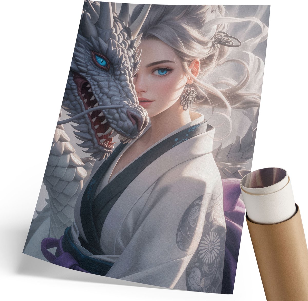 Coloray Polycanvas Wandposter - De Vrouw En De Draak, Illustratie - 210 x 297 mm - Grijs Decoratie - Rechthoek - Canvasposter - Woonkamer, Slaapkamer, Kantoor - Anime/manga