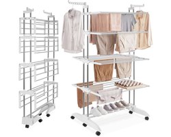tectake® Droogtoren - Inklapbaar Droogrek met 4 Traploos in Hoogte Verstelbare Verdiepingen - Ruimtebesparend Wasrek met Wieltjes - Wastoren voor Binnen en Buiten - 2 Zijvleugels