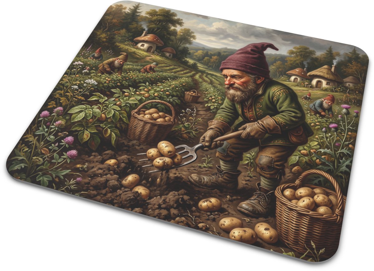 Muismat Kabouter Oogst Aardappelen Landelijke Bureau-onderlegger met Tuingnoom en Kruiwagen voor Kantoor en Thuiswerk 22x20 cm