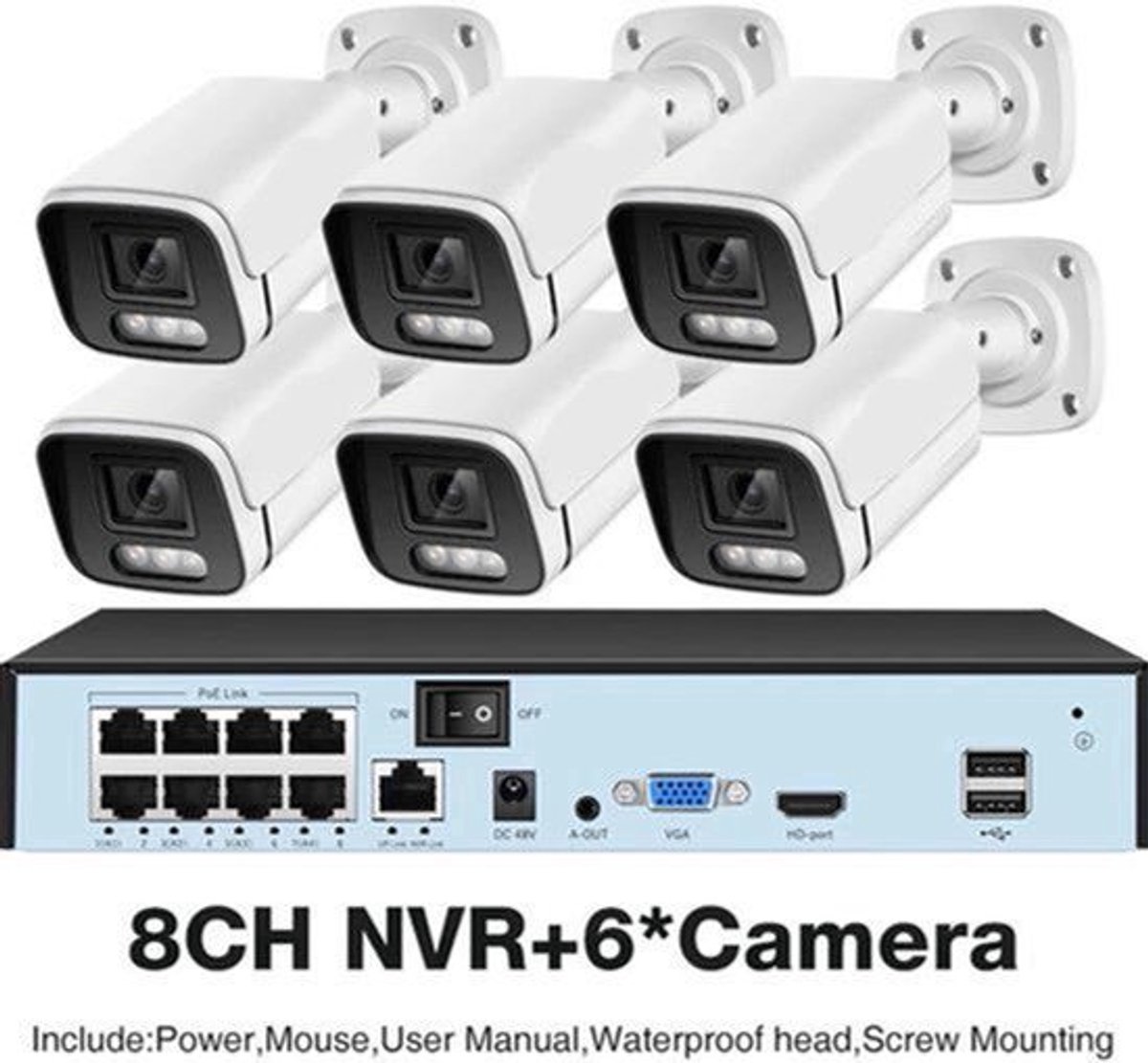 Beveiligingscamerasysteem - Camerabewaking - Beveiligingscamera - 6 Camera's - Ingebouwde HDD: 2T - POE Camera Kit - 8CH NVR - Nachtzicht - Weerbestendig - AI Bewegingsdetectie - Binnen en Buiten