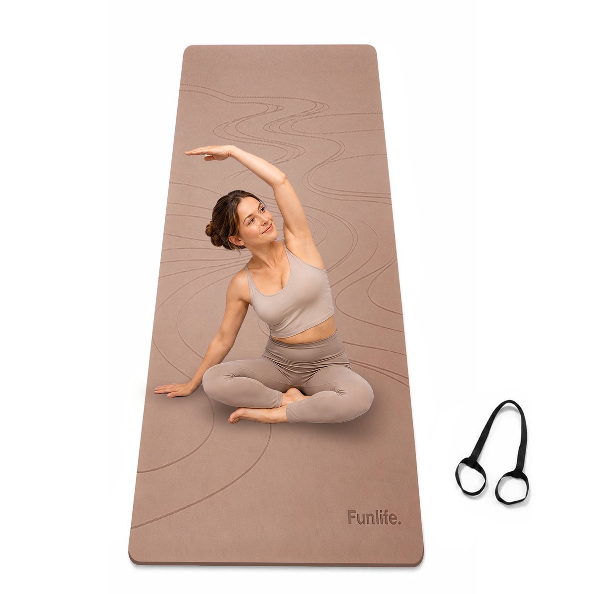 FunLife Yogamat 183 x 61 cm - 8 mm TPE Fitnessmat Antislip met Draagriem - voor Yoga, Pilates en Home Workout - Bruin