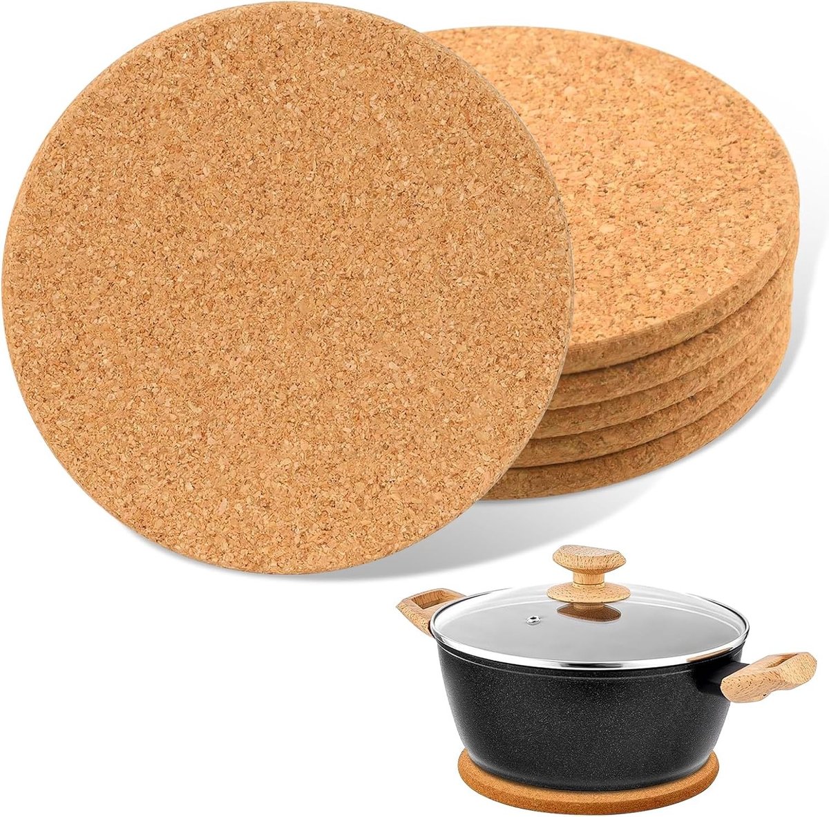 Ronde Kurken Onderzetters - Set van 6 Stuks voor Pannen, Potten en Casseroles in Keuken en Restaurant
