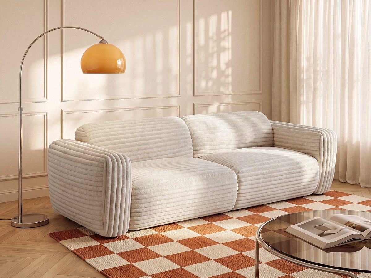 Vente-unique Vierzitsbank in beige geribbelde stof met grove ribbels - POGNI