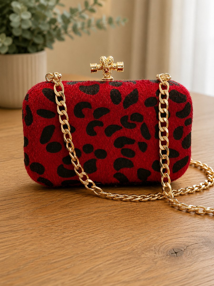Opvallende rode clutch met zwarte panterprint en een zachte, luxe uitstraling.