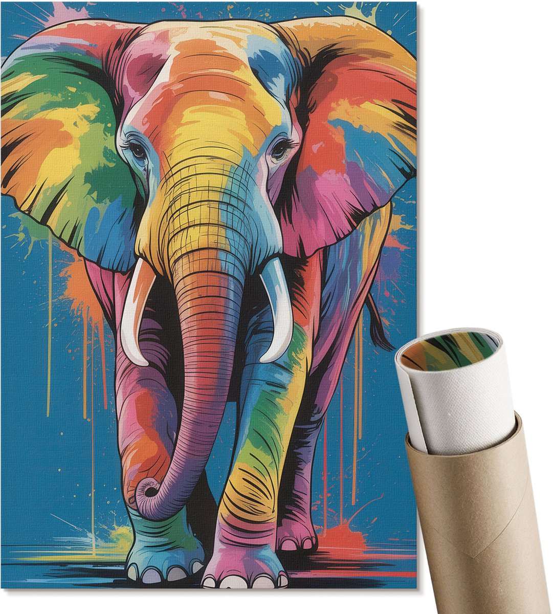 Coloray Polycanvas Poster - Kleurrijke Olifant, Illustratie - A4 - Blauw Wanddecoratie - Rechthoek - Decoratieve poster - Woonkamer, Slaapkamer, Kantoor - Artistiek