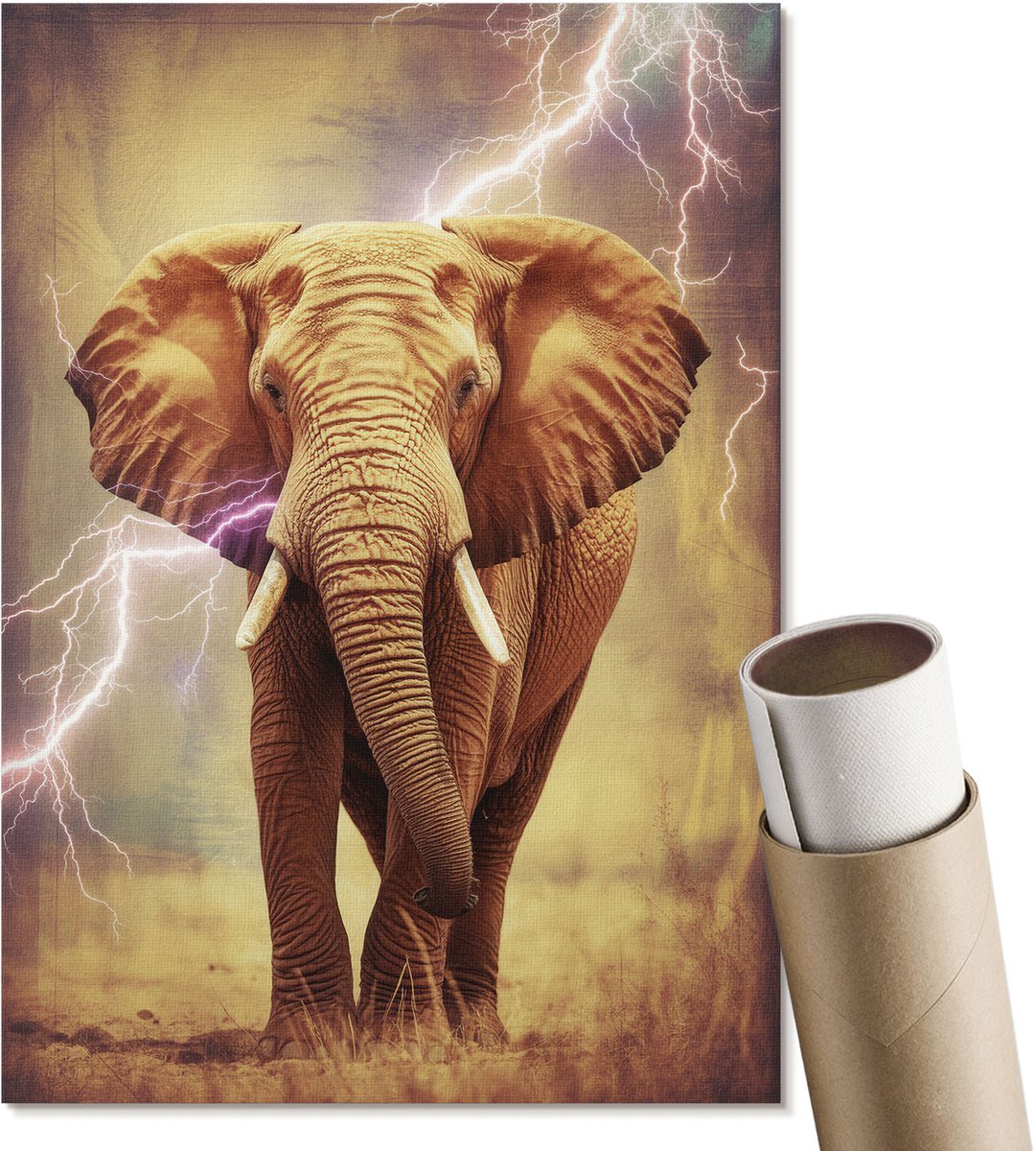 Coloray Polycanvas Poster - Olifant Met Bliksem, Fotografie - A4 - Geel Wanddecoratie - Rechthoek - Decoratieve poster - Woonkamer, Slaapkamer, Kantoor - Expressief