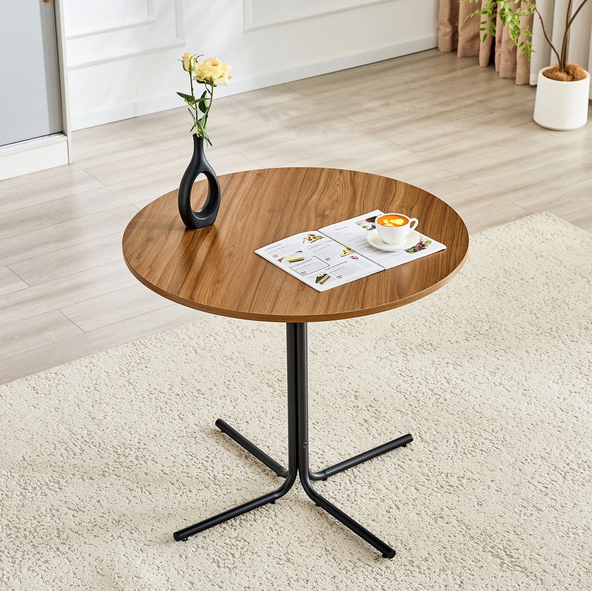 FloraGrace Bijzettafel Ronde Bijzettafel Met Walnootlook En Zwart Metalen Driepoot Voor Woonkamer Slaapkamer Balkon Bureau 85 Cm
