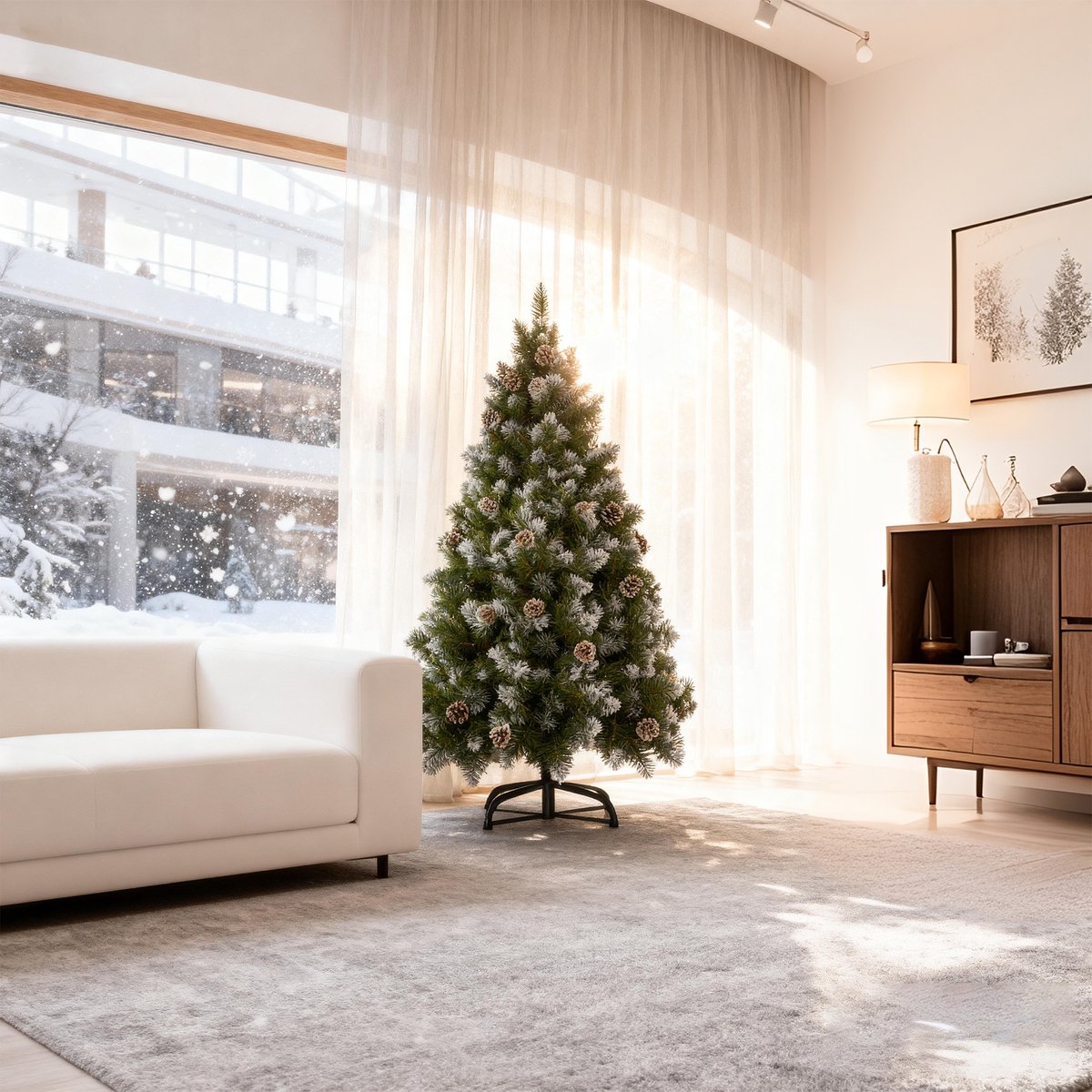 Kerstboom – 180cm Kunstkerstboom – Met Sneeuweffect & Dennenappels – Groene PVC Takken – foto 6