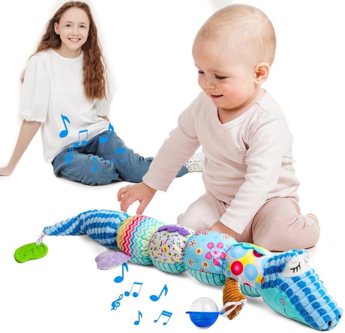 casalora - Baby Rups Knuffel - Buikligtrainer - Muzikaal Sensorisch Speelgoed - Met Knisperpapier & Liniaal - Muzikaal knuffeldier - Voor Tummy Time & Motoriekontwikkeling - Voor baby's van 0tot12 maanden - Blauw