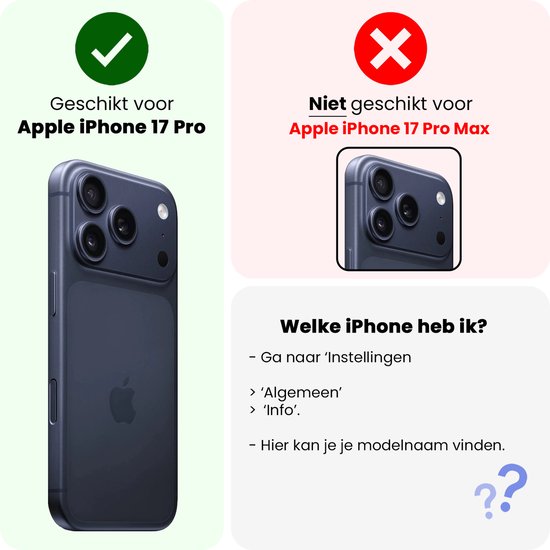 Een donkerblauwe Apple iPhone 17 Pro van voren. De tekst zegt 'Geschikt voor Apple iPhone 17 Pro'.