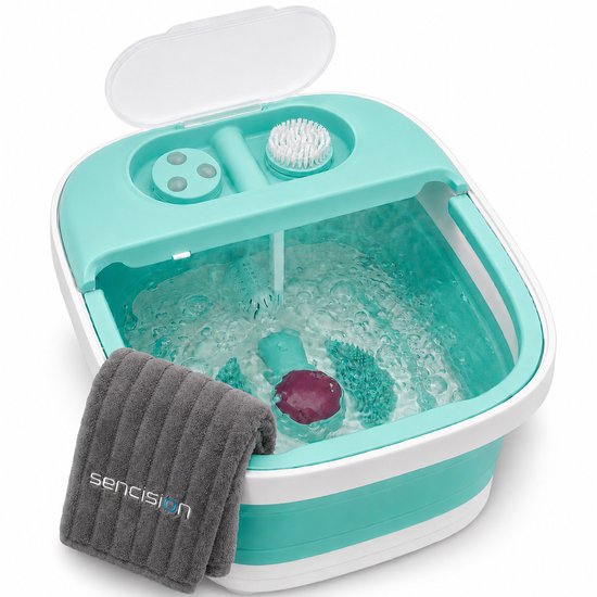 Mintgroen, opvouwbaar voetenbad met bubbels, massage-elementen, opzetborstel en opgevouwen grijze handdoek met logo.
