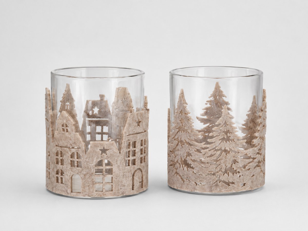Spant7 Waxinelichthouder - Set van 2 - Glas - Vilt - Taupe - 8x10cm - Kerst