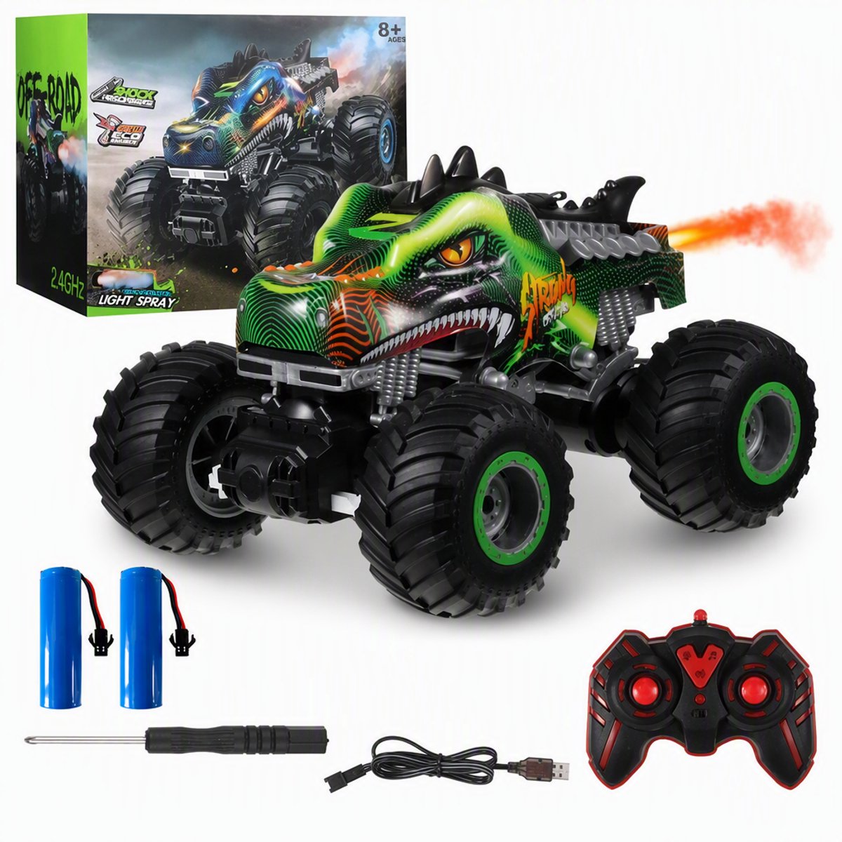 TEKROA® Bestuurbare RC Auto Kind - Dinosaurus Speelgoedauto met Licht - Geluid & Rook - Off-Road Monster Truck - Oplaadbaar - 4 tot 8+ Jaar