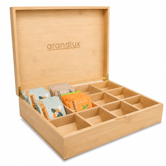 Grandlux Theedoos 12 Vaks voor 164 Zakjes - Ruime Vakken voor Clipper, Pukka, Twinings & Losse Thee - Bamboe
