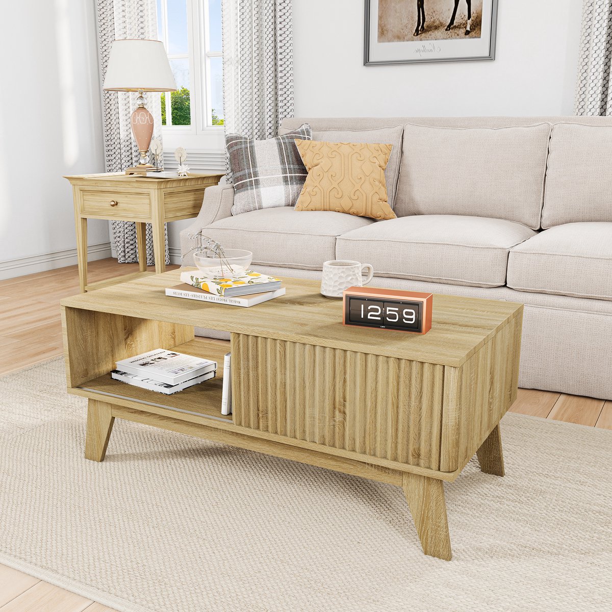 MEXUS Rechthoekige Salontafel, moderne salontafel met 1 schuifdeur, Houten salontafel met verborgen opbergruimte en open vak, voor slaapkamer, woonkamer, kantoor, 95x48x41 cm (Eiken) Eikenkleur