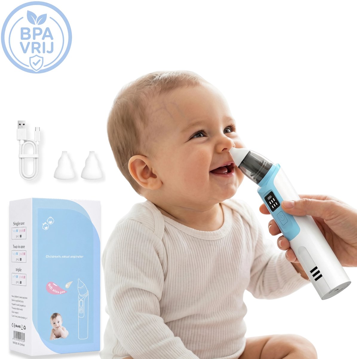 BlueTime® Neusreiniger Baby - Verstelbare Neuszuiger - BPA-vrije Snotzuiger - Neuspeer met 2 Zachte Wasbare Tips - Neus Douche Elektrisch - Nasal Aspirator