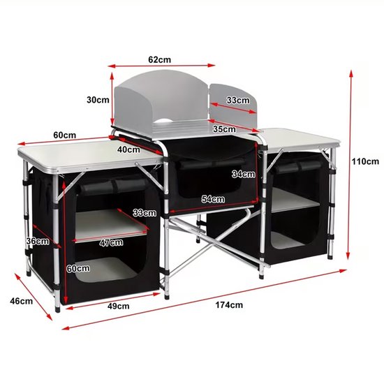 CINK Pro® Camping Keukentafel Opvouwbaar - Outdoor Kitchen met Opbergvakken & Windscherm - Aluminium Camping Kast BBQ Tafel - Inclusief Draagtas — afbeelding 4