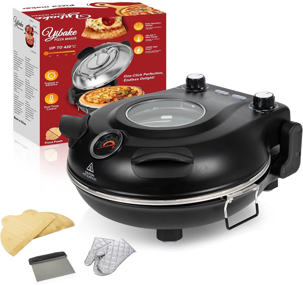 Elektrische Pizzaoven 1200W - Pizzamaker tot 420°C met 32 cm Pizzasteen - Pizza in ca. 4 Minuten - Boven- en Onderwarmte Regelbaar - Met Thermometer en Kijkvenster
