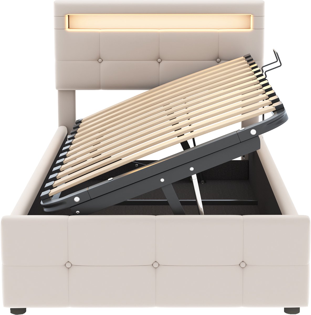 MUVANO Gestoffeerd kinderbed 90x200 - Eenpersoonsbed met led verlichting - Bed met verstelbaar hoofdbord-Fluwelen bed - 90x200 cm- Opbergruimte- Slaapkamer Beige