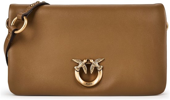 Bruine leren clutch tas met gouden gesp met twee vogels en 'PINKO' logo.