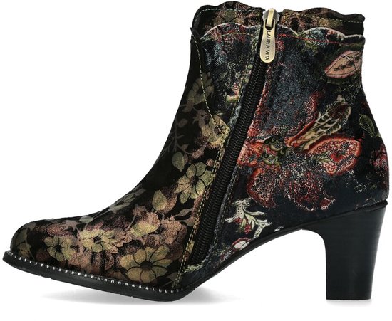 Zwarte enkellaars met bloemenprint in goud, rood en groen, gouden rits.