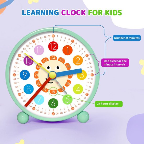 Kinderwekker Analoog - Leren Klok - Tijd Leren - Geruisloze Werking - 10 cm Hoog - Wit — afbeelding 3