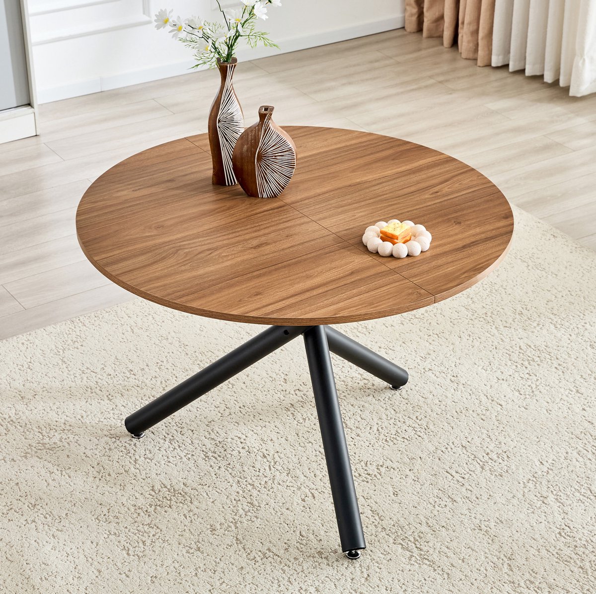 Tafel - Ronde Eettafel Met Driepoot Onderstel - Voor Woonkamer En Eetkamer - MDF En Metaal - Zwart En Walnoot - 110 Cm