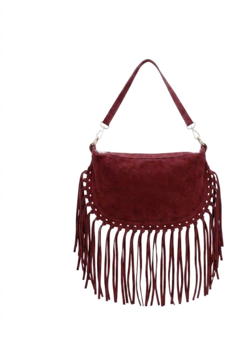 Bordeaux Suède Schoudertas Fringe - Dames Crossbodytassen - Boho Schoudertassen - Twee Hengsels - Bordeaux