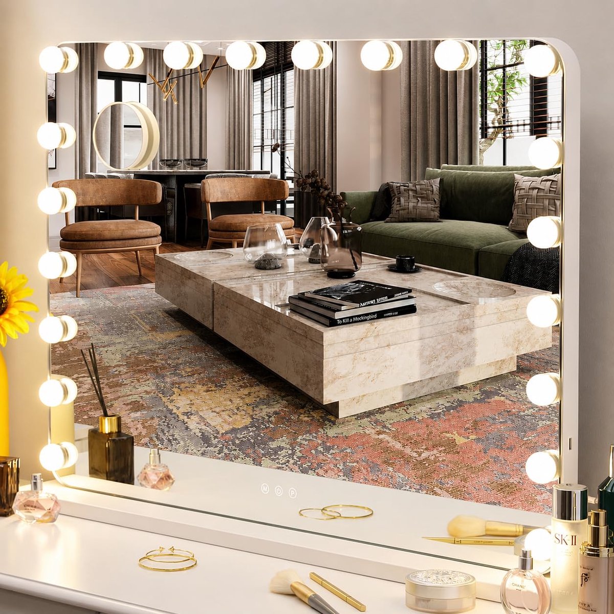 Hollywood Spiegel - Make-Up Spiegel Met Licht - 80x60 cm - 20 LED Lampen - met USB - Wit