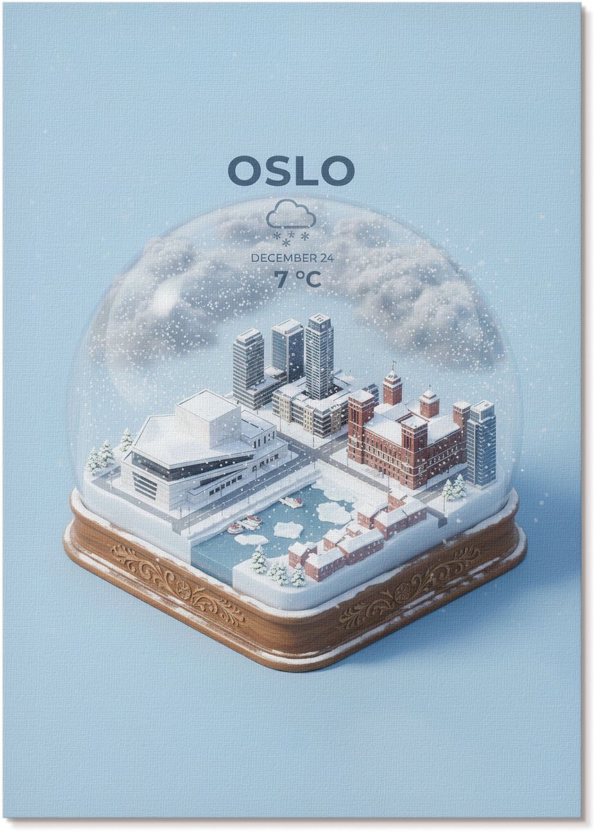Tulup Polycanvas Wandposter - Oslo Sneeuwbol, Illustratie - A4 - Blauw Design - Rechthoek - Canvasposter - Woonkamer, Slaapkamer, Kantoor - Modern