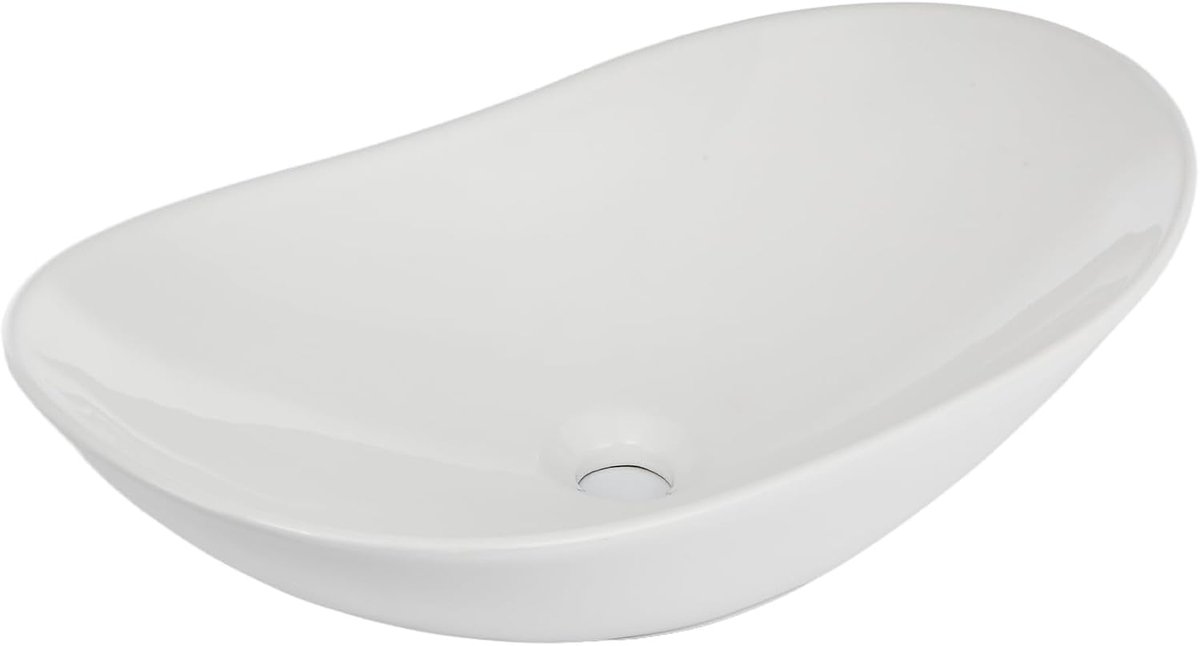 Bootvormige Ovale Opbouw Wastafel - 62 x 36 cm - Keramische Waskom met Overloop - Thin Edge Glanzend Wit - Opbouw & Wandmontage voor Badkamer & Toilet