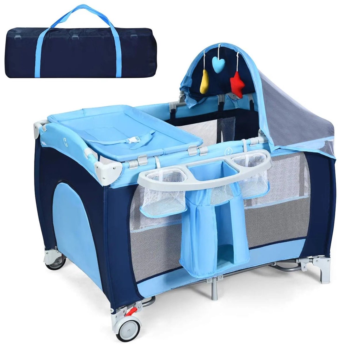CINK & Co Reisbedje 120 x 60 cm - 4-in-1 met 2 Niveaus - Boxfunctie en Verschoonkussen - Schommelfunctie met Speelboog - Blauw