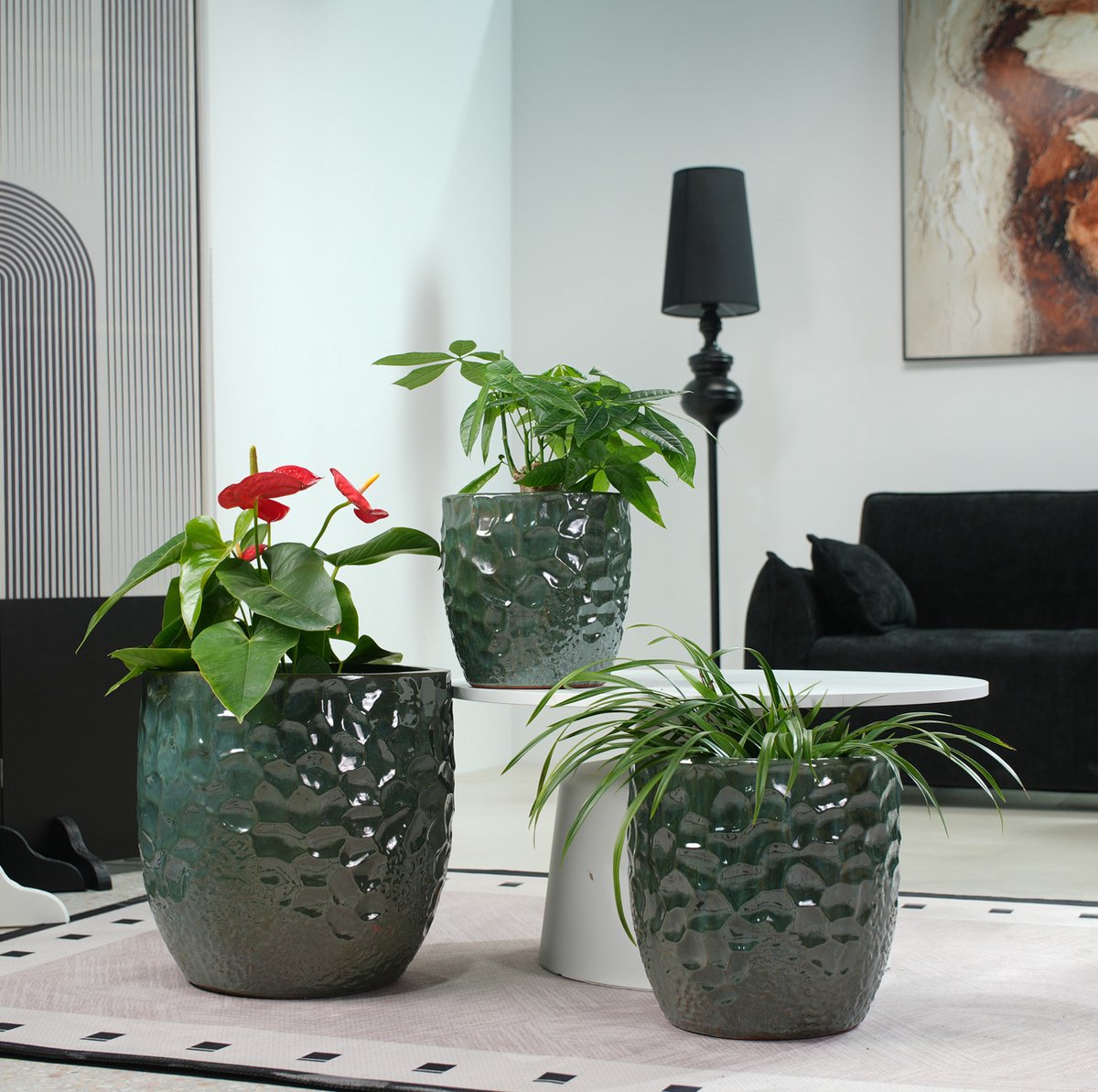 MIVRAY Bloempot – 4-Delige Set Met Glanzende Hamerslagstructuur – Ø38, Ø30, Ø22,5, Ø18 Cm – Keramiek – Donkergroen – Voor Binnen En Buiten