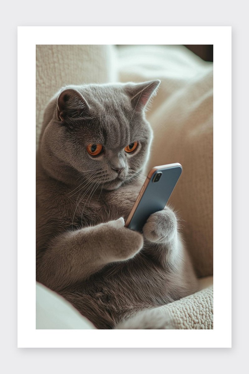 Kat Poster - Mobiele Telefoon - Dieren - Fantasie - Technologie - Modern - posters - formaat 30x40cm - Wanddecoratie - BXS5210AZ - Met kader - passe-partouts stijl