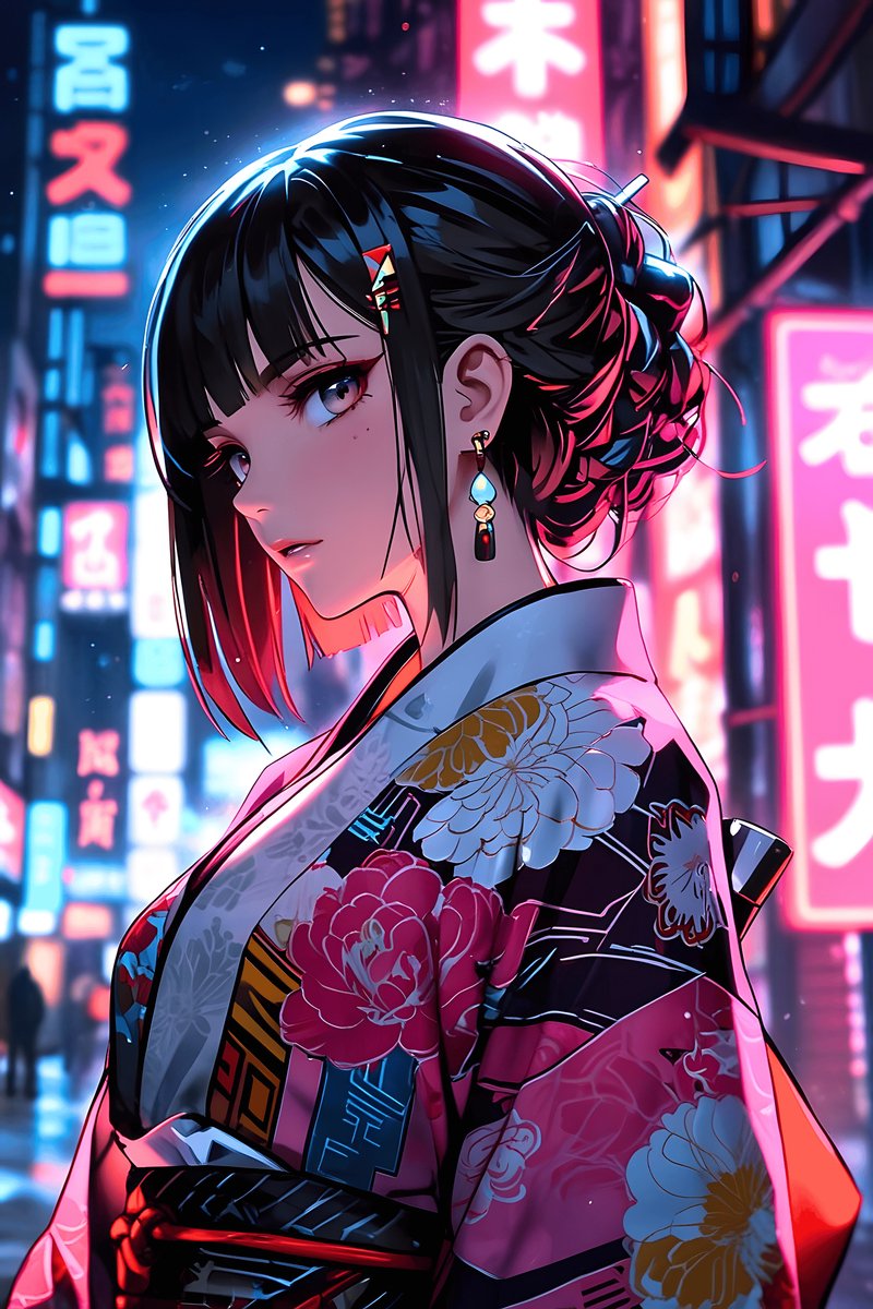 Geisha Poster - Anime - Neon - Japanse - Kunst - Oosterse - posters - formaat 70x100cm - Wanddecoratie - L2756MT