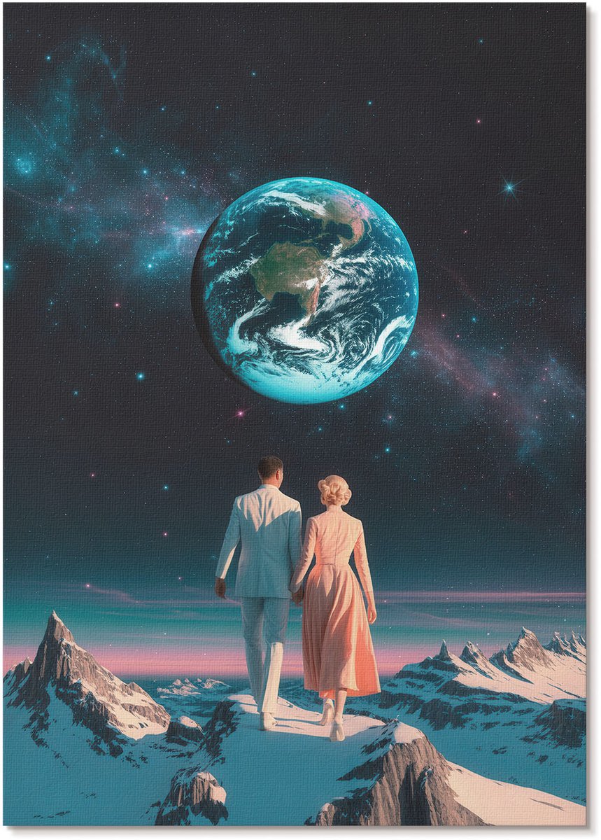 Tulup Polycanvas Wandposter - Ruimtewandeling, Illustratie - A4 - Blauw Illustratie - Rechthoek - Canvasposter - Woonkamer, Slaapkamer, Kantoor - Retro