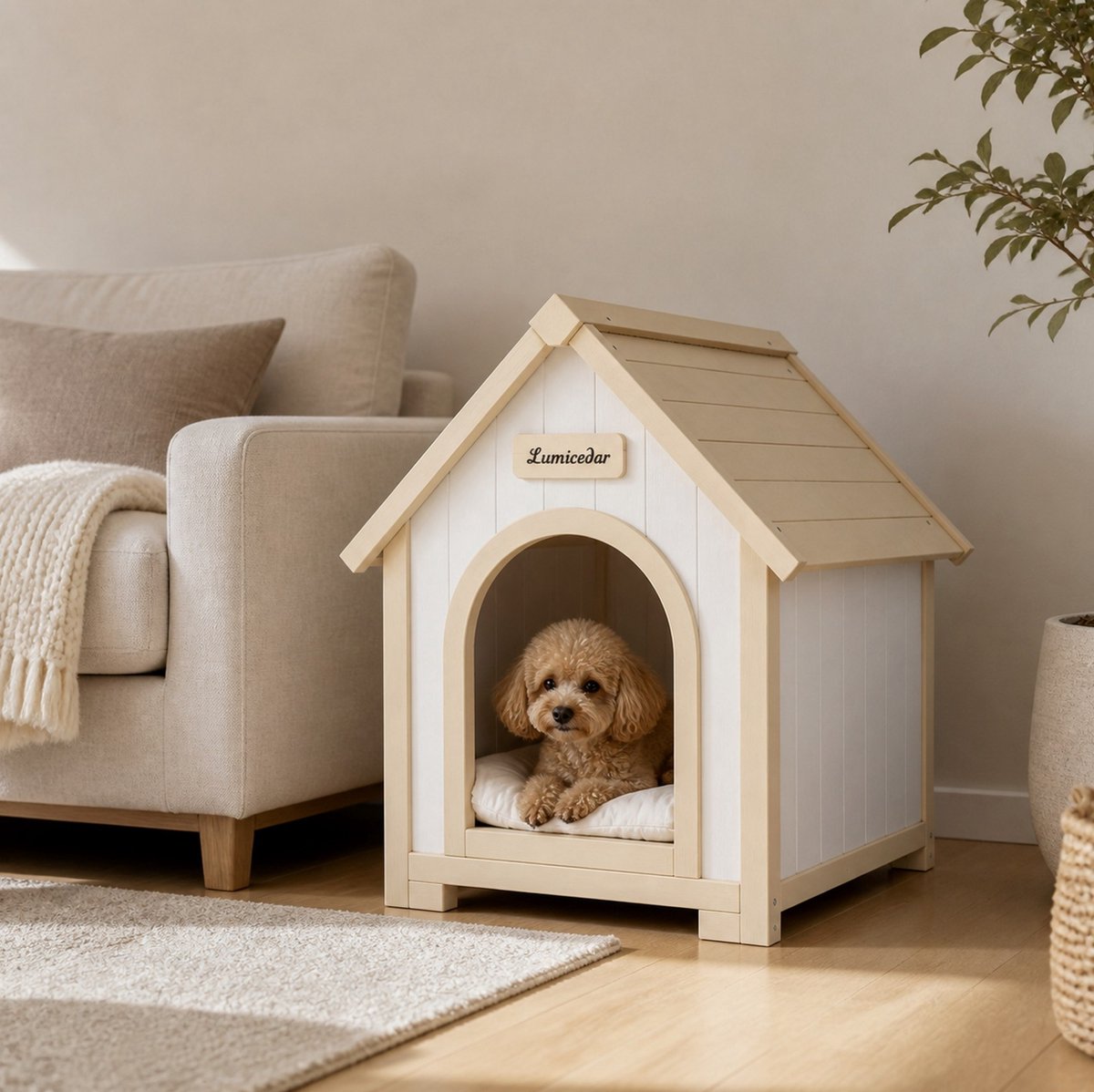 MIVRAY Hondenhuis voor Kleine Huisdieren – FSC Hout met Kussen – 60 x 55 x 70 cm – Hout – Crème Wit – Binnenhuisje in Scandinavische Stijl