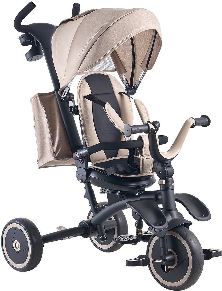 Driewieler voor Kinderen van 1,5 Tot 5 Jaar, Loopfiets met Verstelbare Duwstang, Inklapbare Zonnekap, Draaibare Zitting en Opbergtas, Ideaal Als Cadeau voor Jongens en Meisjes, Kaki en Zwart