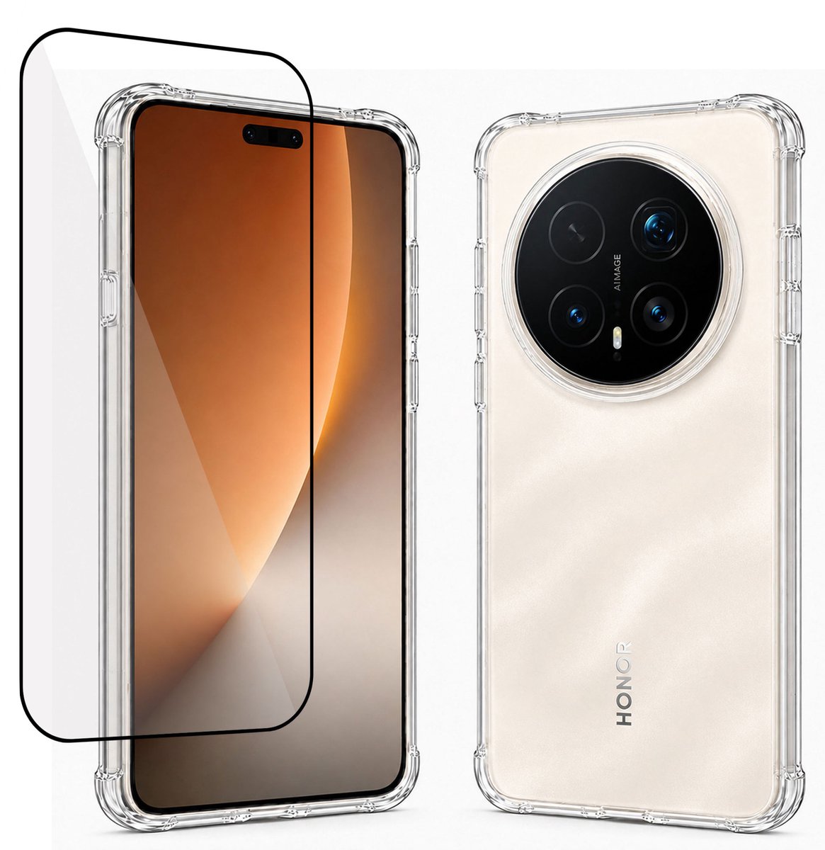 Hoesje + screenprotector geschikt voor Honor Magic 8 Pro - Luchtkussens - Siliconen Hoes - Gehard Glas - Transparant - geschikt voor Honor Magic 8 Pro