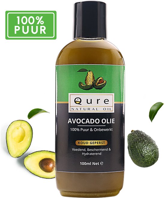Fles avocado-olie met het logo van Qure Natural Oil. Groen label met "100% Puur" en "Koud Geperst" in het Nederlands. Met avocado's.