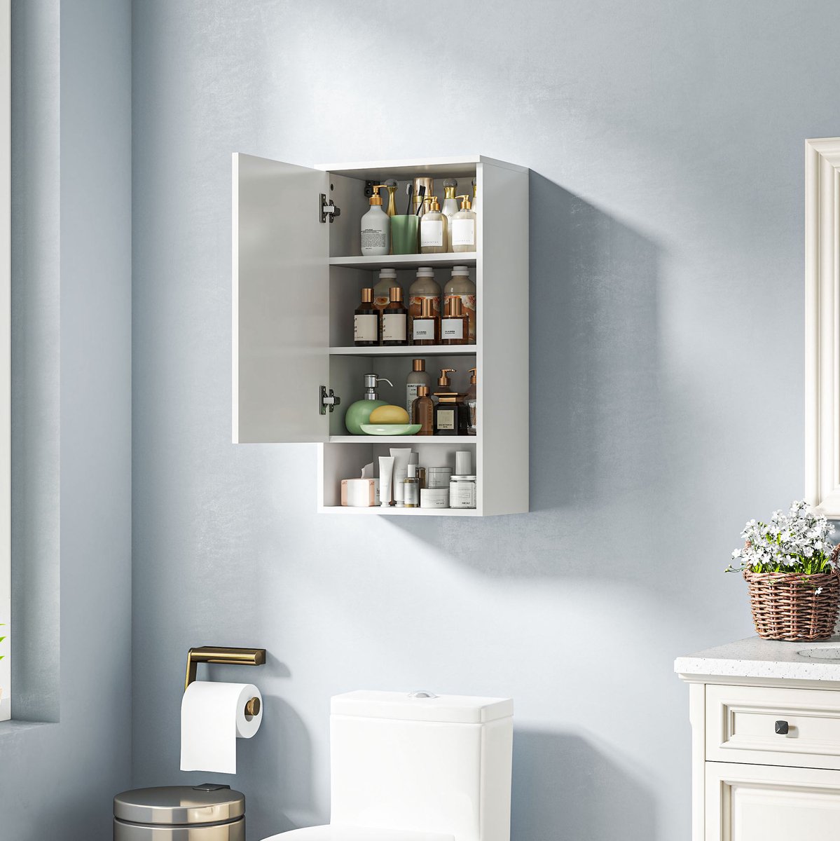 REDOM - Wandschrank voor badkamer en keuken - Verstelbare planken - Open vak en gesloten vak - Wandmontage - Wit - 40 x 27 x 77 cm